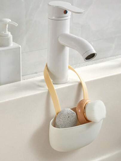 1pc Kitchen Hanging Drain Basket, Light Yellow Single-Layer Draining Rack, Portable No-Drill Sink Sponge Holder Faucet Hanging Basket, Kitchen Bathroom Storage Bag For Sponge And Cloth, Kitchen Accessories, Kitchen Storage Supplies.