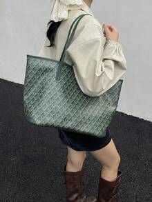 2026新款流行女士手提包，大容量通勤小众设计单肩包，休闲百搭简约时尚托特包，舒适PU材质，撞色菱形设计，拉链闭合，舒适双肩带，容量大，秋冬托特包（注：不含吊坠配件） - 綠色 - 查看 2