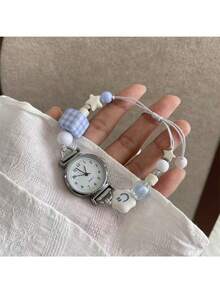1 Pieza Reloj de cuarzo sencillo con esfera pequeña y correa de cuentas para mujeres. Adecuado para estudiantes y damas para uso diario. Apropiado para decoración diaria y de fiesta. Reloj de mujer, reloj de lujo para damas - Blanco - Ver 2