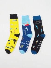 3 pares de calcetines de media caña de moda casual con patrón de dibujos animados de bloques de color para hombres