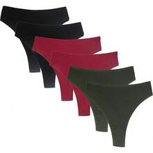 High Waisted Cotton Thongs For Women, Breathable Plus Size Multipack - Black*2 Amry Green*2 Wine Red*2 - View 1