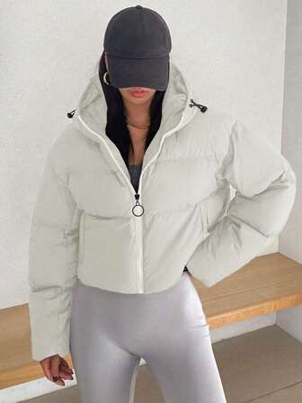 Vadderad kappa för kvinnor, trendig kort vadderad kappa, vadderad kappa med huva, höst-/vinterjacka, dam casual fluffig vadderad kappa med dragkedja - långärmad ytterkläder