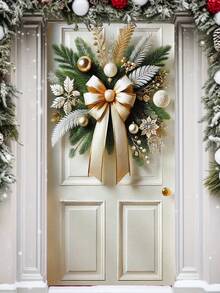 1 peça elegante guirlanda de porta de Natal de poliéster, 35x70 polegadas, decoração festiva para pendurar na varanda para sala de festas e festas, bandeira de porta de estilo artístico para exibição na entrada - Multicolorido - Ver 5