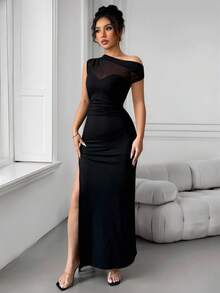 Vestido Sexy Con Hombros Oblicuos Para Mujer,Escote Transparente de Malla,Fruncido Y Abertura Alta en el Costado - Negro - Ver 5