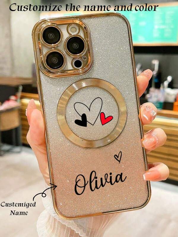 1pc Customized Name & Letter, Transparent Electroplated Magnetic Charging TPU Phone Case Compatible With 15ProMax/16promax/16pro/14promax/14pro/13promax/16 16e/ 14 Pro Max, 17promax,17pro,17,17air, Supports Wireless Charging, Colorful, Fashionable, Kawaii Customized, Personalized, Unique, Ideal Gift, Suitable For Him, Ideal Gift, Suitable For Boyfriend, Girlfriend