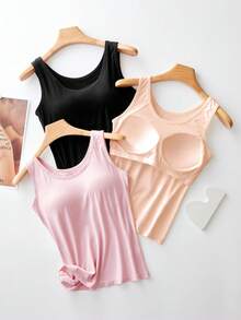 3 Pcs Solid Color Stretch Knit Tank Top, Bottoming Vest T-Shirt, Built-In Padded Cups,  For  Outwear Indoor, Fitness, Parties & Gatherings, Suitable For Fall Winter - Black & Pink & Apricot - 查看 15