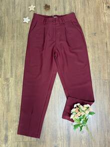 calca cenoura tecido twill cintura alta com elastico moda feminina - Vinho - Visão 1