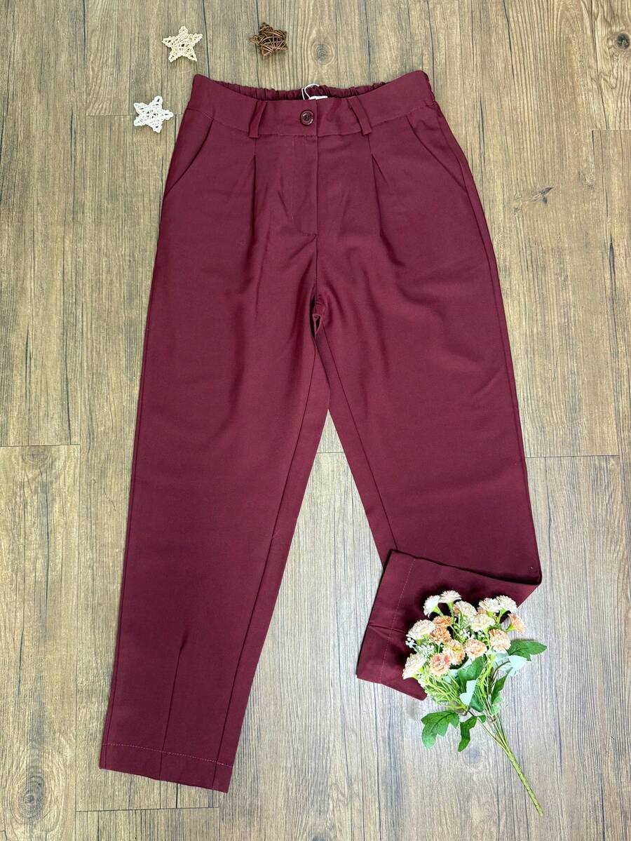 calca cenoura tecido twill cintura alta com elastico moda feminina - Vinho - Visão 1