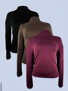 Set de 3 camisetas afelpadas para mujer, multicolor, clásicas y elegantes, colores lisos, sin estampados, tela de poliéster, con interior afelpado ligero, suave y cálido, ideales para temperadas de otoño, invierno e inicios de primavera, cuello alto tipo tortuga, con manga larga. Silueta ajustada para resaltar mejor tu figura. Te llegarán 3 camisetas afelpadas en colores al azar. - Multi2 - Ver 4