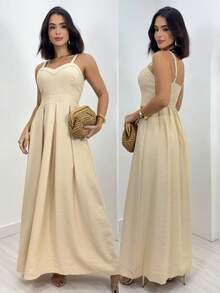 Long Dress With Adjustable Straps Lastex Waisted Fits 36 To 44 Women's Elastex Dress With Adjustable Back From 36 To 44 Comfortable Elastex Waisted Dress With Adjustable Straps - 米色 - 查看 2