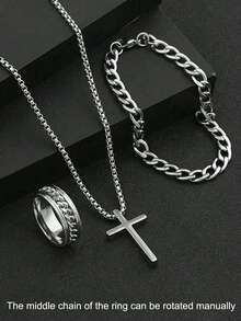 Juego de 3 piezas de joyería de moda de acero inoxidable para hombres, que incluye collar de cruz, pulsera y anillo giratorio, adecuado para uso diario y decoración - Multicolor - Ver 1