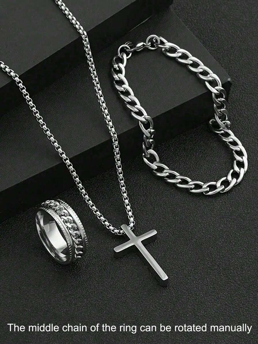 Juego de 3 piezas de joyería de moda de acero inoxidable para hombres, que incluye collar de cruz, pulsera y anillo giratorio, adecuado para uso diario y decoración - Multicolor - Ver 1
