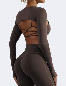 Women Crop Top Long Sleeve Bolero Open Front Workout Cropped Shirts Sports Shrug - Cà phê - Xem 5