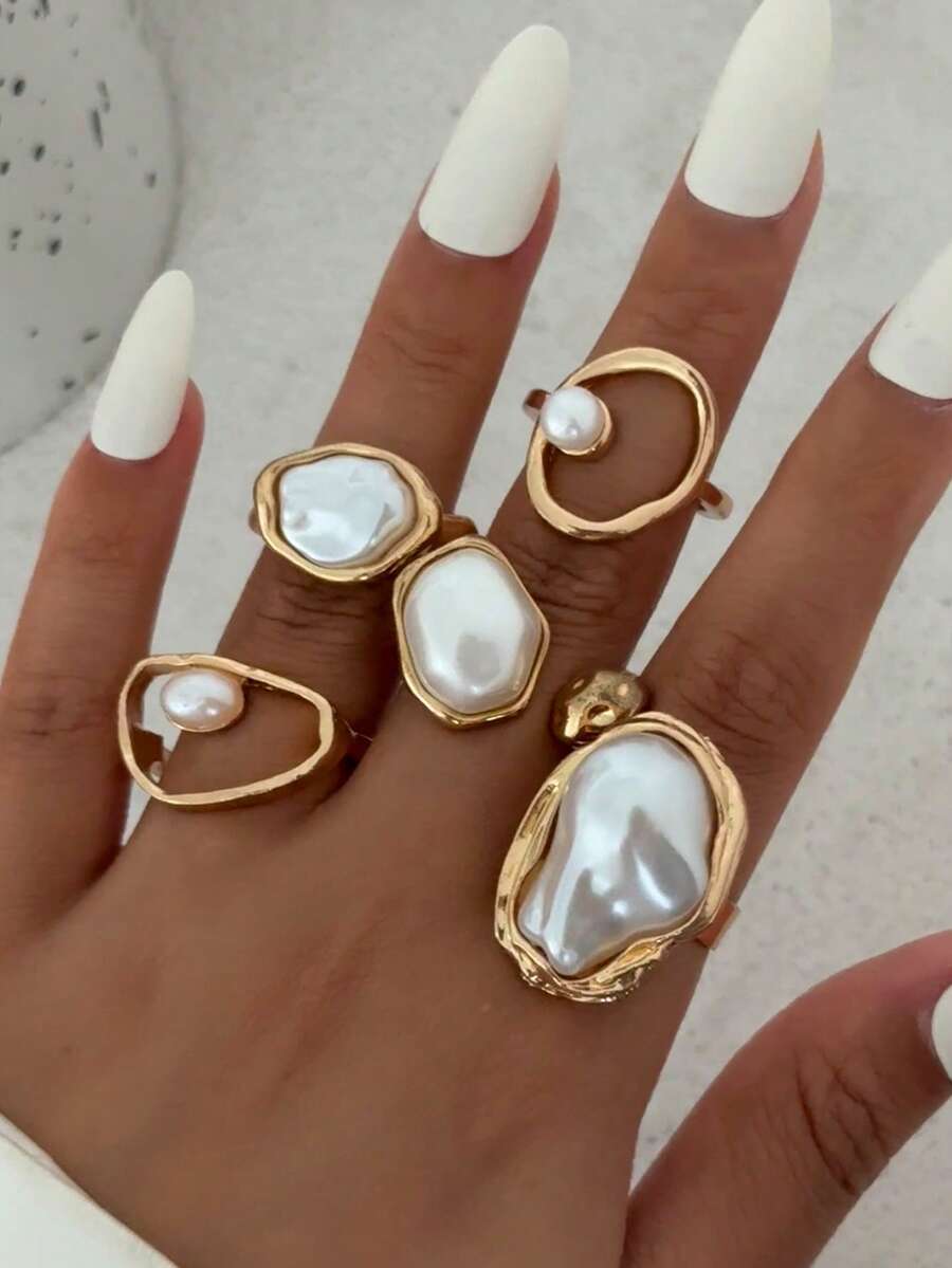 Bộ 5 chiếc nhẫn ngọc trai giả kiểu Baroque cổ điển, bộ nhẫn bất đối xứng thanh lịch, nhẫn kim loại vàng tối giản kiểu Pháp, bộ trang sức quyến rũ dành cho phụ nữ. - Vàng - Xem 1