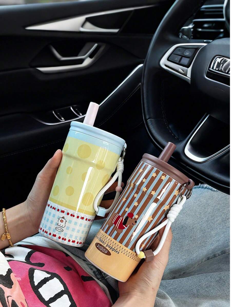 1pc New Cute Puppy Design Insulated Coffee Mug, 500ml/16.95oz. With Portable Handle, Convenient For Outdoor, Camping, Picnic Or Gift. - Multicolor - View 1