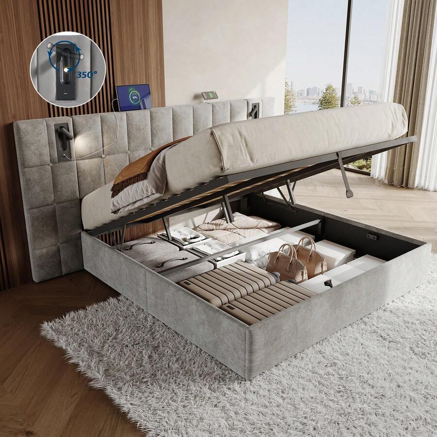 Velvet Upholstered Platform Bed Frame With Lift-Up Storage, Widened Headboard And Built-In Reading Light, Sturdy Structure, No Box Spring Required - Xám - Xem 1