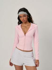 PinkTip 1pc Women's Casual Slim Fit Hooded Jacket, Solid Color Stand Collar Stretchy Women Sports Jacket, Outdoor Fitness Running Exercise Women Sports Jacket - Pink - View 3