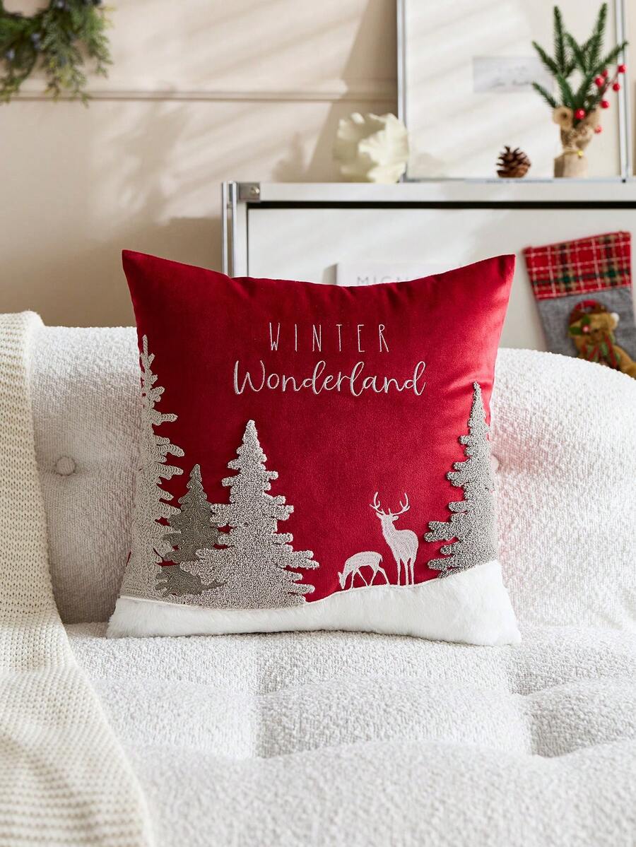 1pc Christmas Red Christmas Tree & Reindeer Embroidered Cushion Cover, Suitable For Indoor Decor, Christmas Decorative Pillow Cover, Pillow Insert Not Included