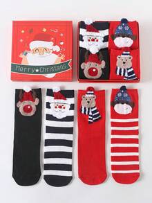 4 双女士圣诞中筒袜礼盒装，驯鹿、狐狸、雪人图案，适合居家、办公室、送礼 - 彩色 - 查看 14