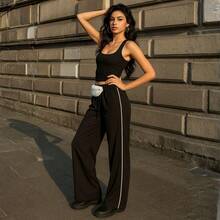 Tecnosport Women's Basic Simple Wide Leg Pantalon Pants With White Stripe On The Side 2YK - 黑色 - 查看 3