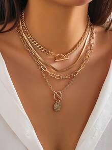 4件套时尚串珠经典圆形吊坠项链，几何OT扣锁骨链。多层可叠戴黄金首饰，浪漫女士项链套装。适合日常佩戴和约会拍照。项链长度可根据需要修剪，链条数量可调节。 - 4件套 - 查看 1
