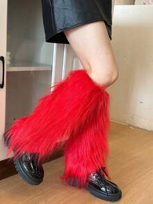 女士Y2K仿皮草腿套，复古毛绒宽松过膝长筒袜，适合万圣节、圣诞派对及日常亚文化穿搭，舒适保暖 - 彩色 - 查看 5