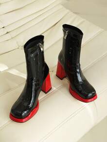 Women's Go Go Boots Platform Chunky Block Heel Boots Prom Square Toe Side Zipper Mid Calf Booties Shoes - Red - View 6