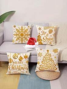 4 pièces Housses de coussin de Noël dorées avec motifs de sapin de Noël et flocons de neige - Décoration festive de Noël avec les textes "Merry Christmas" et "Laissez-le neiger", avec fermeture éclair, lavables en machine, parfaits pour le canapé, le divan ou le porche, décoration extérieure de la maison, décorations de Noël - Doré - Voir 4