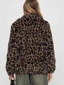 Autumn/Winter Fashionable Leopard Print Fleece Jacket With Zipper Pockets - Brown - View 3