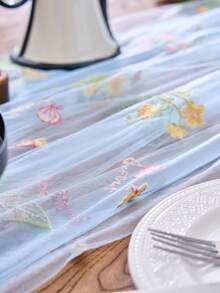 1pc Floral Embroidered Sheer Table Runner, Romantic Farmhouse Style, Suitable For Daily Use, Festivals, Weddings, Hotels, Birthday Parties, Home Decor, Photography Backdrop, All Seasons - Blue - View 8