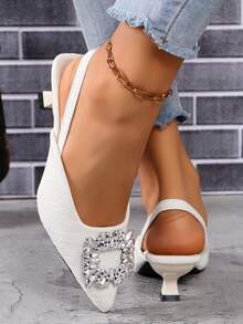 Women's New Small Heel Pumps, Square Buckle Pointed Toe, Sexy For Party, Beach, Evening, Student - White - View 4