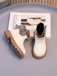 Botas casuales de media pantorrilla de piel sintética para niñas, sin punta redonda, sin suela gruesa, adecuadas para uso diario, otoño/invierno, compras y otras ocasiones - Beis - Ver 3