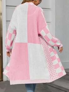 Womens Checkered Long Cardigans Chunky Oversized Open Front Batwing Sleeve Color Block Knit Sweater Coats - 粉色 - 查看 5