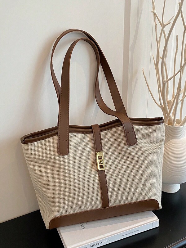 1pc Coffee Color PU Smooth Zipper Metal Lock Decor Fashion Versatile Casual Autumn/Winter New Unique Shoulder Tote Bag, Suitable For Women's Daily Use