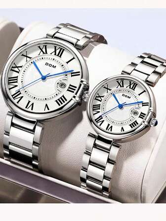 DOM 1PC Night Glow Round Dial Couple Watch, Silver Stainless Steel Band Fashion Casual Quartz Watch, With Calendar Function, Waterproof Businessual Women's And Men's Watch, Suitable For Daily Decoration Wear Or Festival Gift