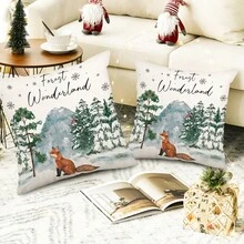 2 PIEZAS Funda de cojín de invierno con pájaros, zorros, árboles de Navidad y decoraciones de un mundo invernal, decoración navideña y de vacaciones para el sofá, de un solo lado, sin incluir el relleno del cojín