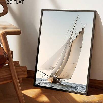 1幅现代写实风格帆布油画，描绘一艘扬帆起航的帆船。复古风格的印刷海报，描绘一艘扬帆起航的木船。可用于装饰房间、走廊、书房、卧室的墙壁。墙面装饰，秋季装饰（无框）