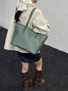 2026新款流行女士手提包，大容量通勤小众设计单肩包，休闲百搭简约时尚托特包，舒适PU材质，撞色菱形设计，拉链闭合，舒适双肩带，容量大，秋冬托特包（注：不含吊坠配件） - 綠色 - 查看 5