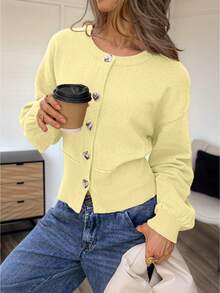 FOR BEAUTY Summer Y2K Women Cardigans Yellow Rib Knit Heart Button Long Sleeve Sweater Casual Elegant Going Out Top - Garcinia - View 4