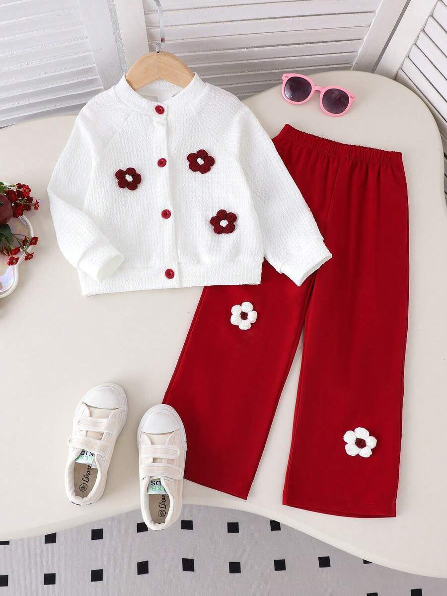 2 件女童休闲可爱 3D 花卉上衣和裤子套装，春秋 - 酒紅色 - 查看 1