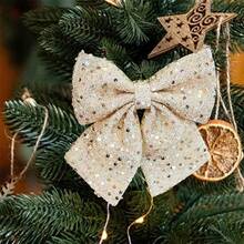 Adorno navideño colgante con lazos, lentejuelas brillantes y lentejuelas para el árbol. Un lindo adorno decorativo con purpurina. - Champán - Ver 1