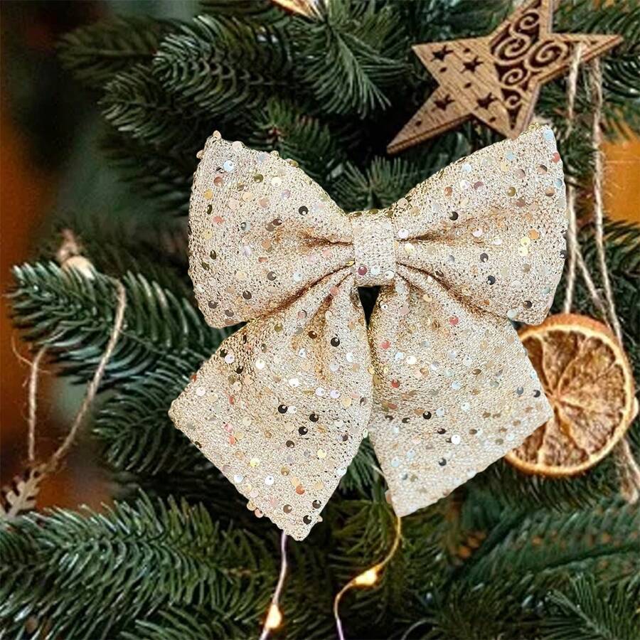 Adorno navideño colgante con lazos, lentejuelas brillantes y lentejuelas para el árbol. Un lindo adorno decorativo con purpurina. - Champán - Ver 1