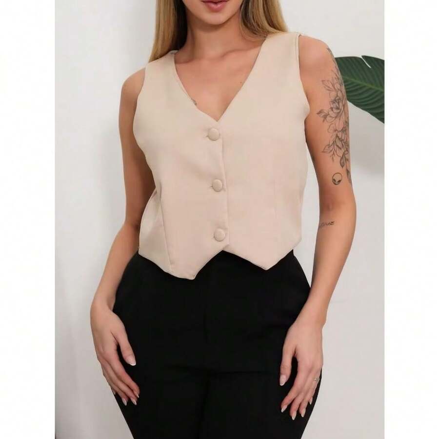 Short Striped Dress Vest With Button. - 米色 - 查看 1