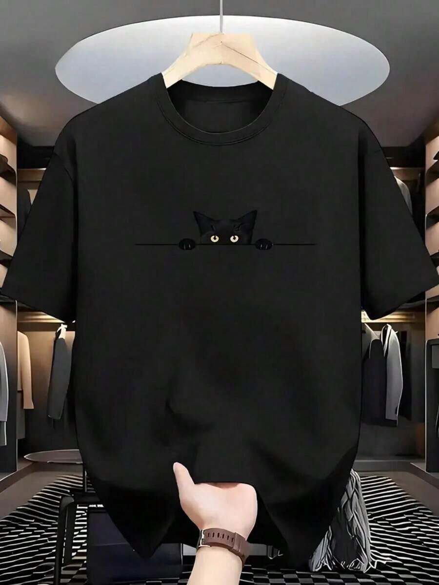 Men's T-Shirt Peeking Cat Printed Kitten Friend Shirt 100% Cotton Round Neck Short Sleeve Casual Fashion In Premium Mesh - màu đen - Xem 1