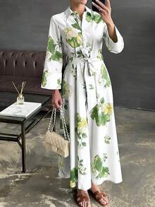 Damen Blatt Muster Blumen Muster Kleid, Lässig elegantes Bindetaille Knopf Maxikleid, Ganzjährig - Hellgrau - Übersicht 3