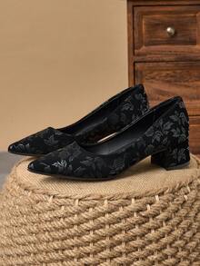 MonaNise Women's Fashion Pointed Toe Low Vamp Slate Blue Stone Texture Apricot Closed Toe Pumps, Suitable For Vacation, Travel, Shopping, Outdoor, Red, Yellow Retro Casual High-End Black 5cm Shoes - Black - View 5