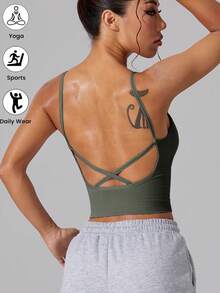 1pc Women's Adjustable Criss-Cross Back Tight-Fitting Cropped Sports Bra Camisole Vest, Comfortable Solid Color - 墨綠色 - 查看 1