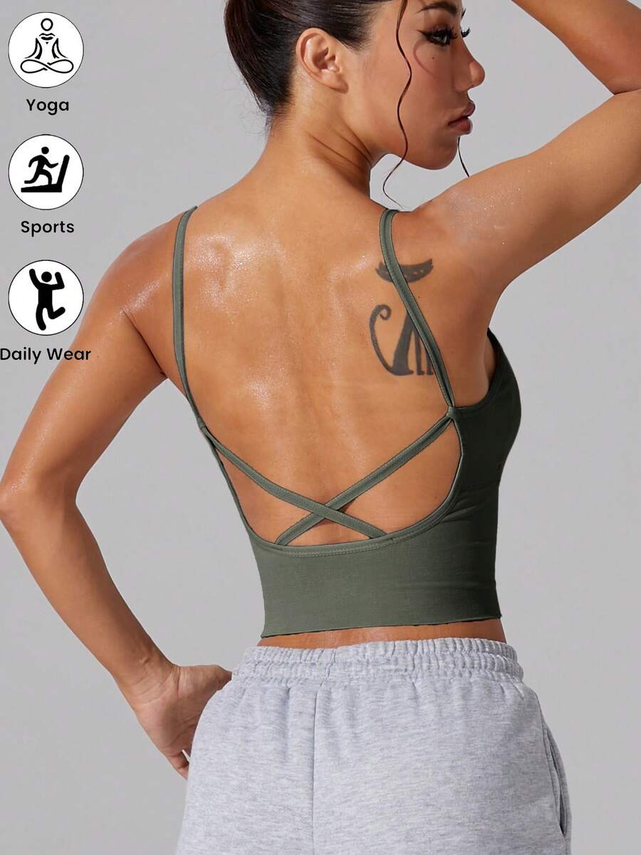 1pc Women's Adjustable Criss-Cross Back Tight-Fitting Cropped Sports Bra Camisole Vest, Comfortable Solid Color - 墨綠色 - 查看 1