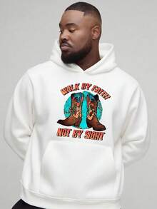 Men's Hooded Sweater, Faith Themed Western Boot Hoodie, _WALK BY FAITH NOT BY SIGHT_ With Painted Cowboy Boot Pattern, Desert Mountains, Printed Hoodie, Comfortable And Soft, Perfect For Gifts An ,Fall Hoodies,Men's Fall Clothes,Street Wear,Halloween,Mens Hoodies,Y2k Clothes,Jesus Hoodie,Thanksgiving Day,Nightmare Before Christmas,Christmas - 白色 - 查看 1