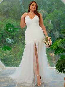 女士加大码优雅成熟派对优雅简约网眼高开叉前短后长网眼拼接婚纱正式晚会舞会礼服返校节婚礼派对毕业舞会正式晚宴，春夏秋季 - 白色 - 查看 5